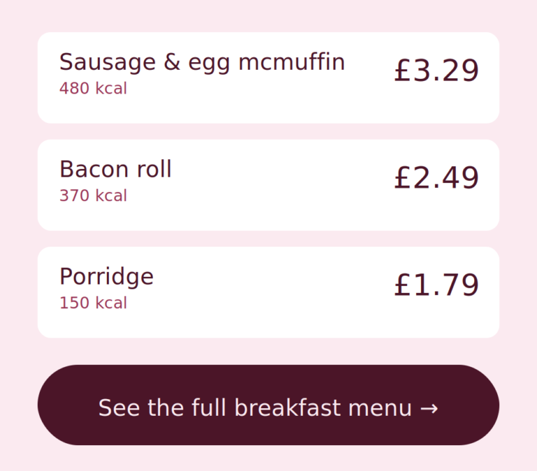 UK Fast Food Breakfast Menu Prices
