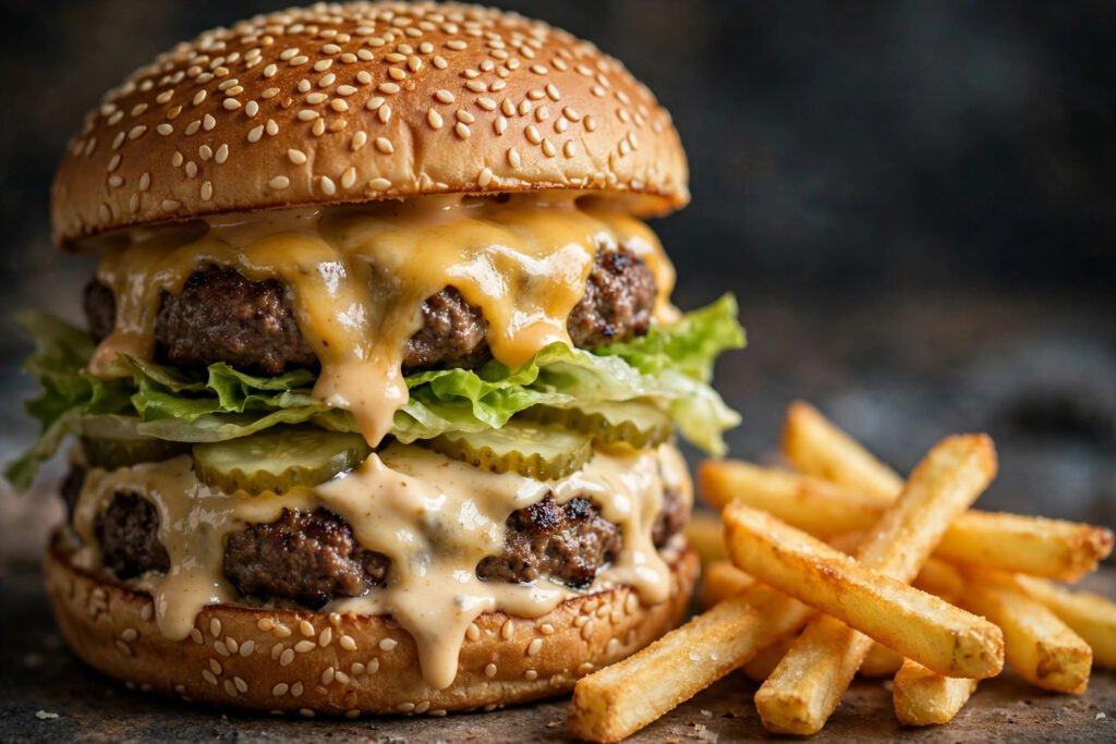 Double-decker burger meal with fries