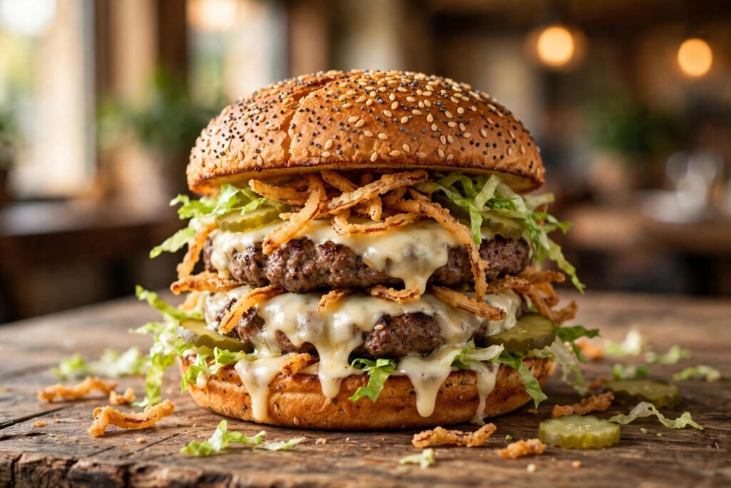 McDonald's Big Arch burger with two beef patties, white cheddar, crispy onions and pickles in a poppy seed bun