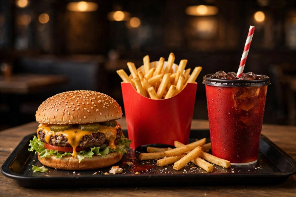 McDonald's-style burger, fries and drink on a tray