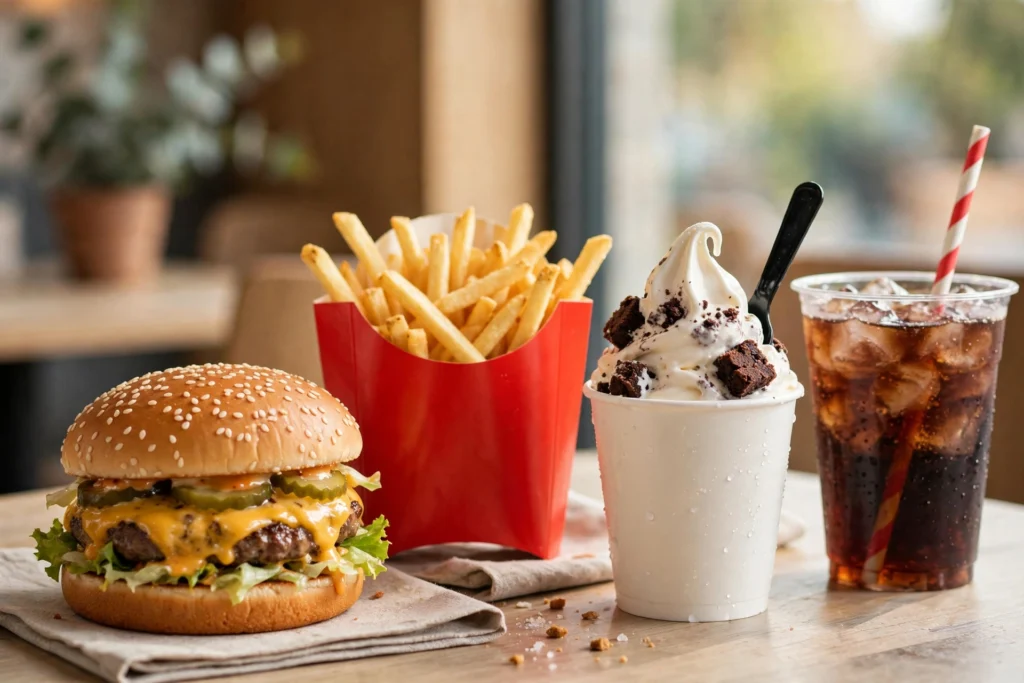 McDonald's meal with cheeseburger, fries, McFlurry and soft drink - student discount guide
